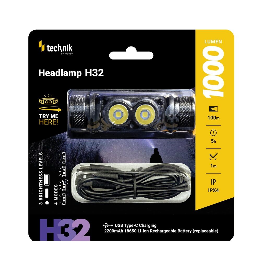 Technik H32 fejlámpa – 1000 lumen, USB-C – 1. kép